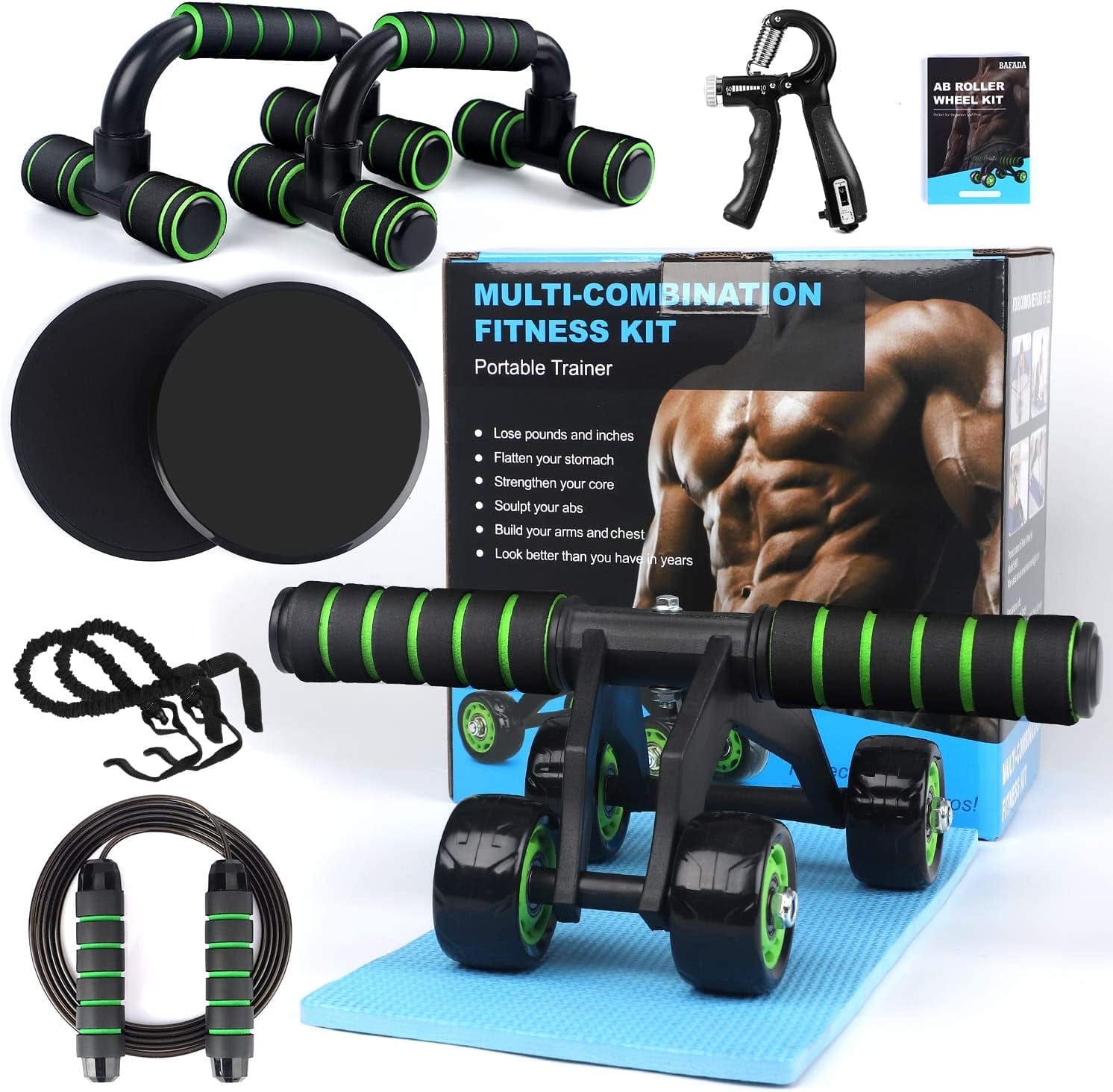 Ab Roller Wheel, 10-In-1 Ab Wheel Roller Kit with Resistance Bands, Knee Mat, Jump Rope, Push-Up Bar - Home Gym Equipment for Men Women Core Strength & Abdominal Exercise Workout
